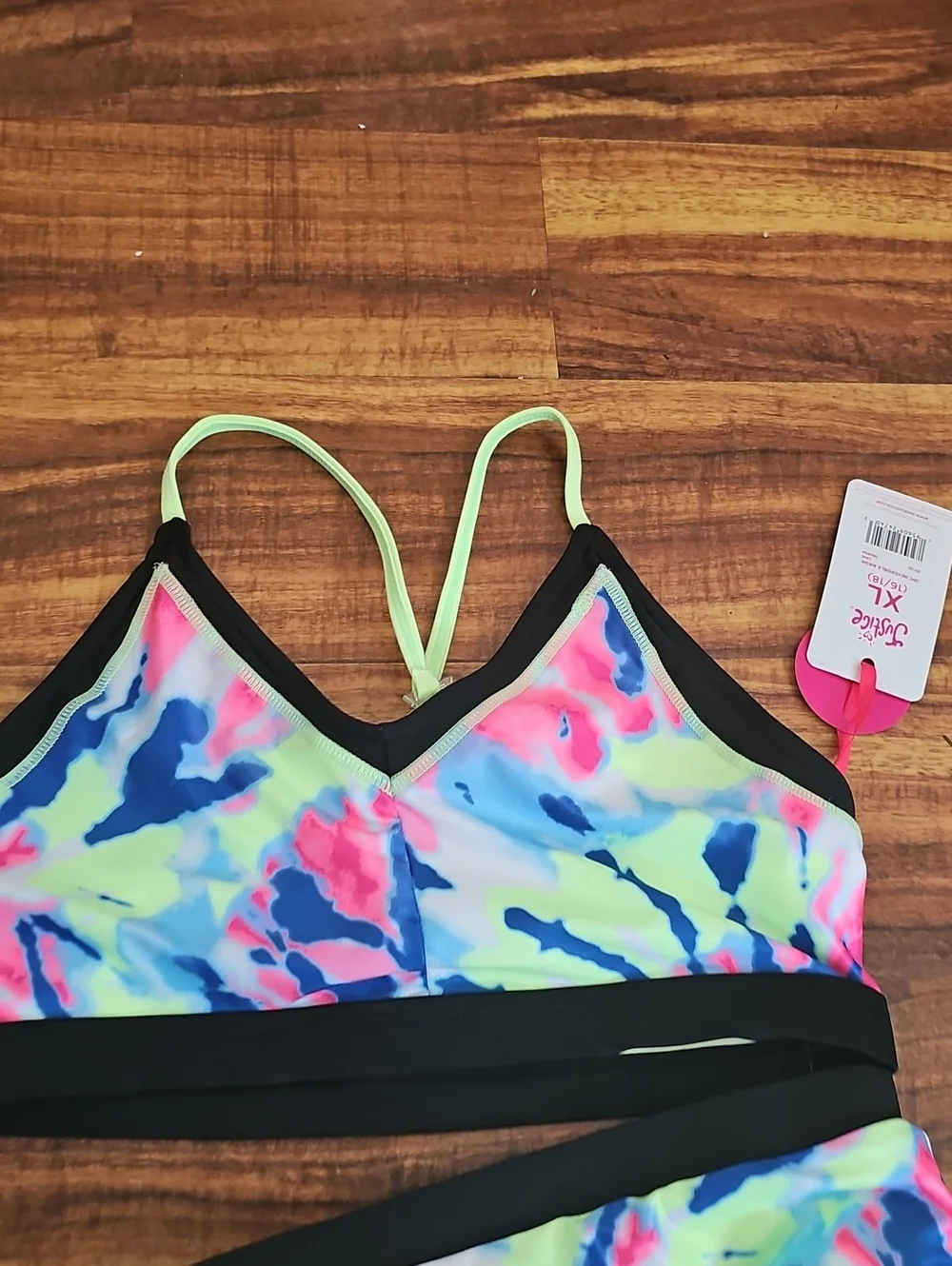 Justice Reverisable Two-Piece Swim Set - Neon Lime & Tie-Dye Sz XL16-18 Nwt